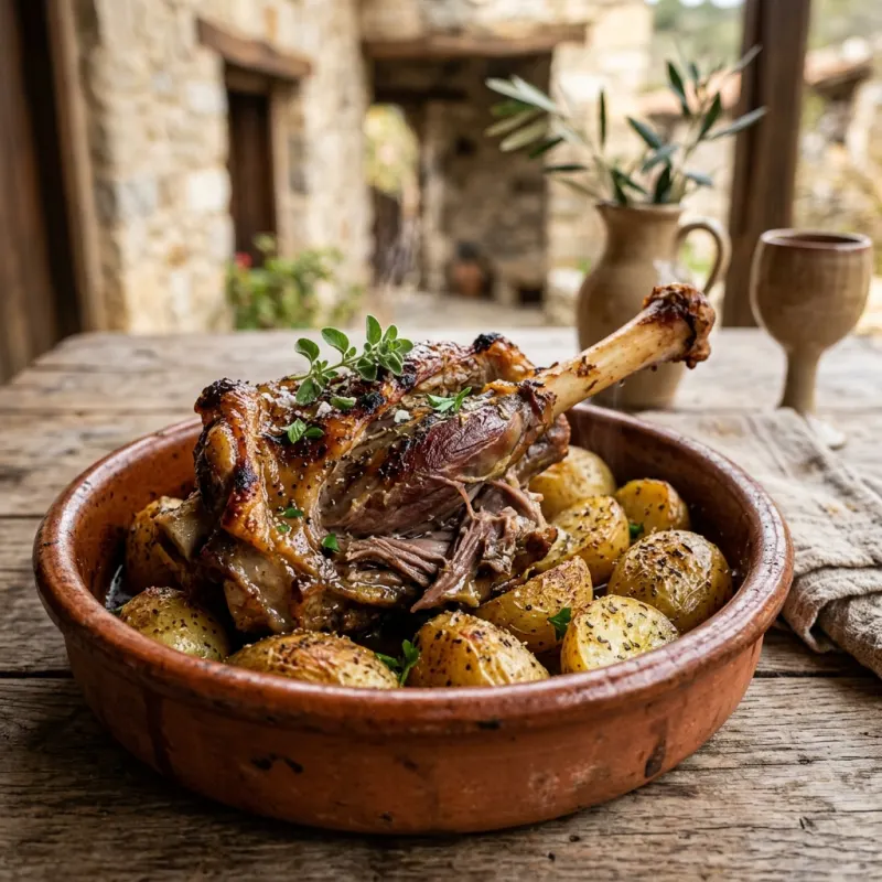 Authentic Cypriot kleftiko slow-roasted lamb served in a rustic clay vessel with potatoes and herbs
