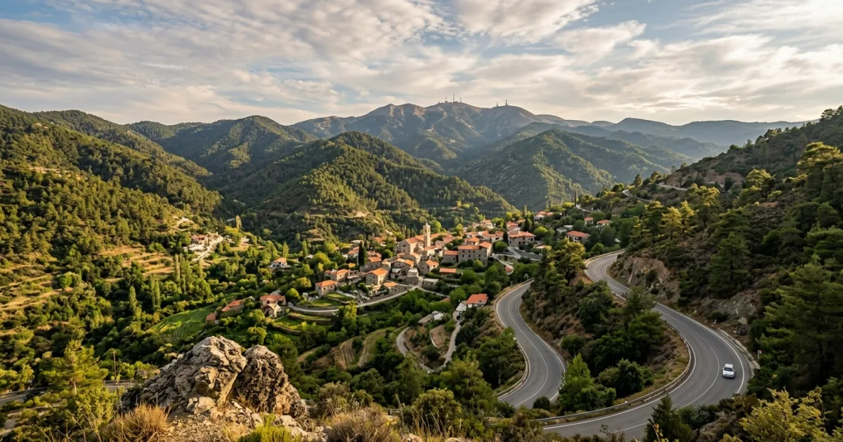 Scenic panoramic view of pine forests and rustic stone villages in the Troodos Mountains of Cyprus