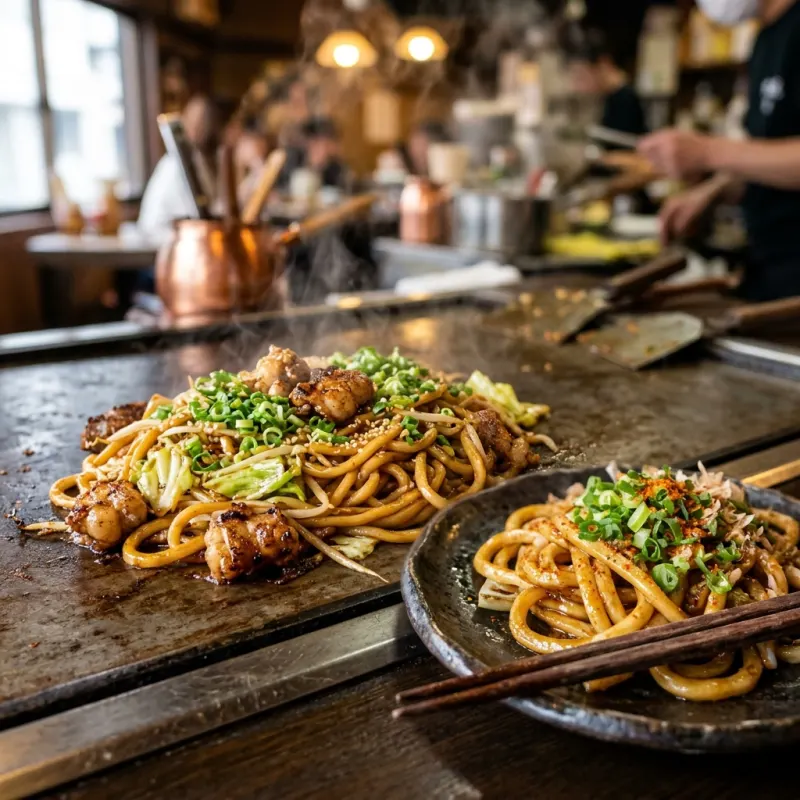 Authentic Japanese Tsuyama Horumon Udon stir fried with beef offal and green onions