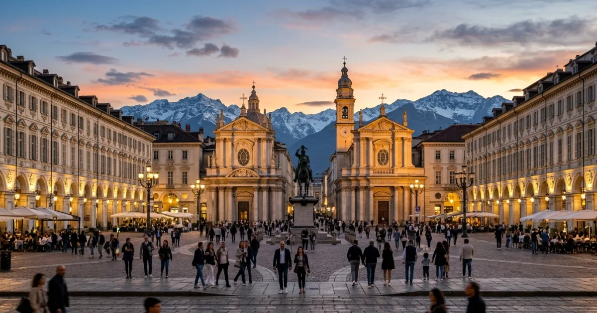 Piazza San Carlo in Turin with Baroque architecture and the Alps in the background