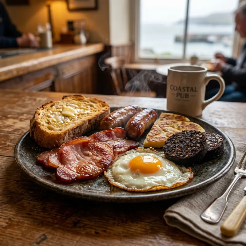 Authentic Ulster Fry breakfast served on a plate with potato farls and soda bread