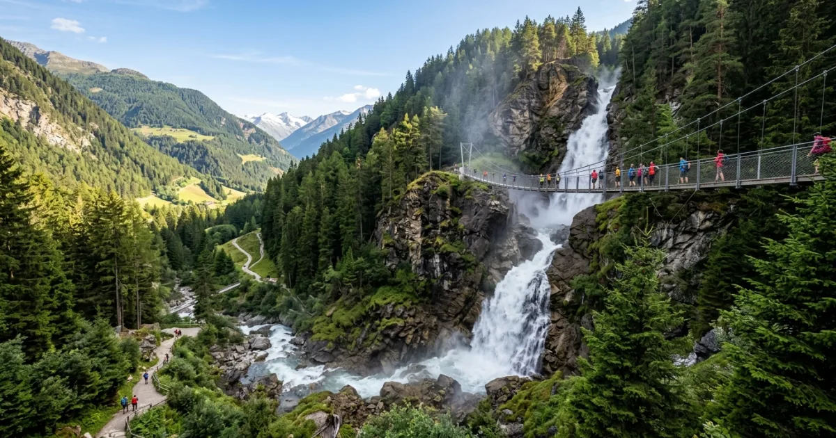 Panoramic view of the Stuibenfall waterfall cascading over rocky cliffs in Umhausen Ötztal