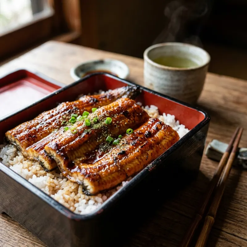 Japanese Unagi Kabayaki grilled eel over rice in a lacquer box