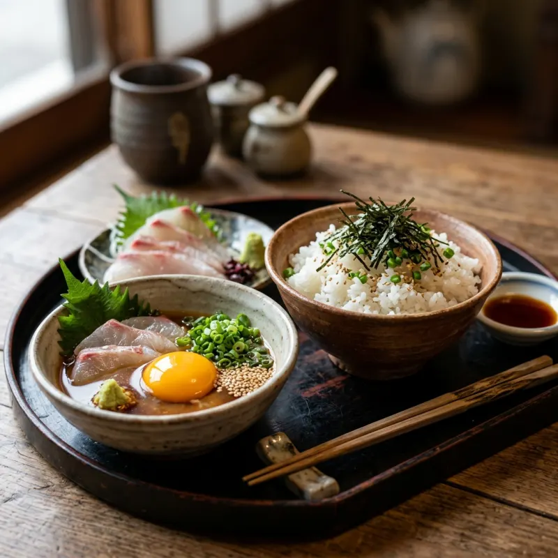 Uwajima Tai-meshi sea bream sashimi served with egg dashi broth and rice