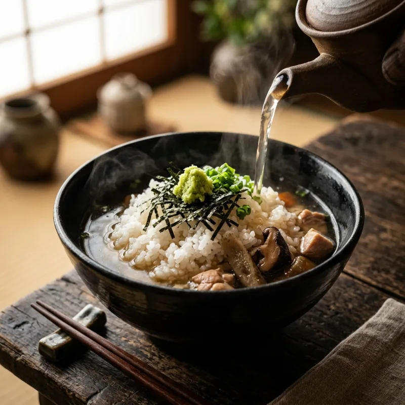 Authentic Japanese Uzume-meshi served in a black lacquer bowl with dashi broth and wasabi