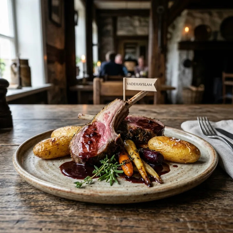 Plated roasted Wadden Sea marshland lamb chops with regional vegetables in Ribe