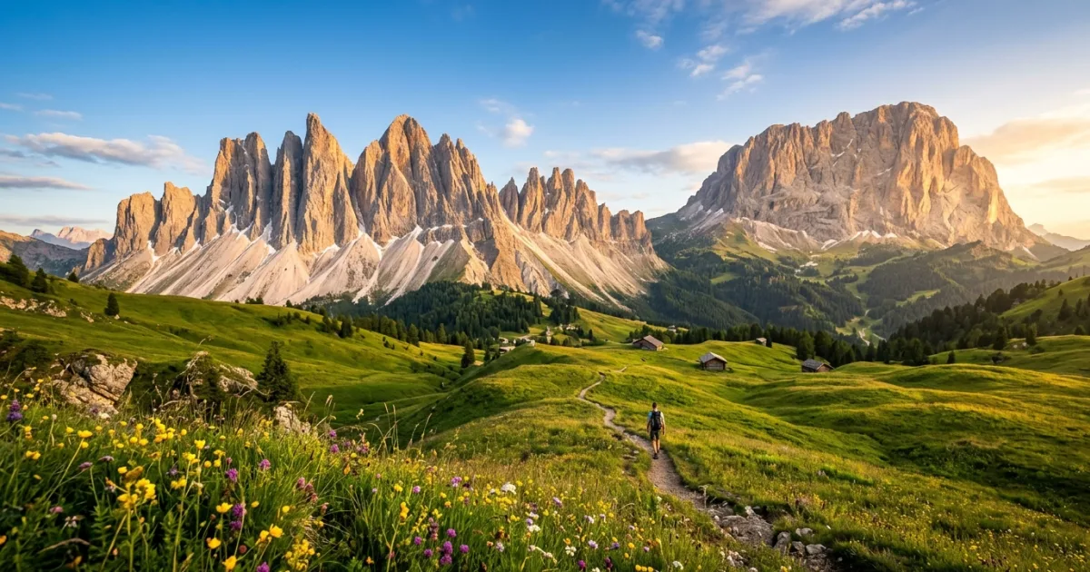 Panoramic view of jagged Dolomites peaks and green pastures in Val Gardena