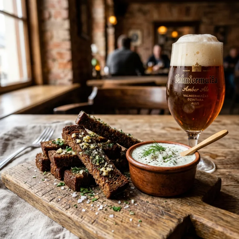 Toasted Latvian garlic rye bread batons served with a glass of local craft amber beer
