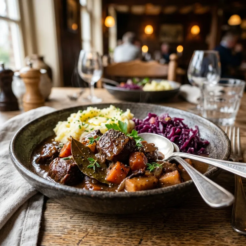 Veluwse Wildstoof traditional Dutch game stew served with mashed potatoes and red cabbage