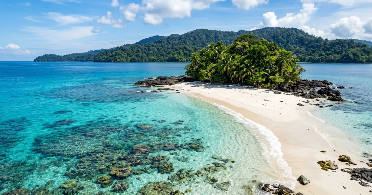 Turquoise waters and coral reef surrounding Isla Granito de Oro in Coiba National Park
