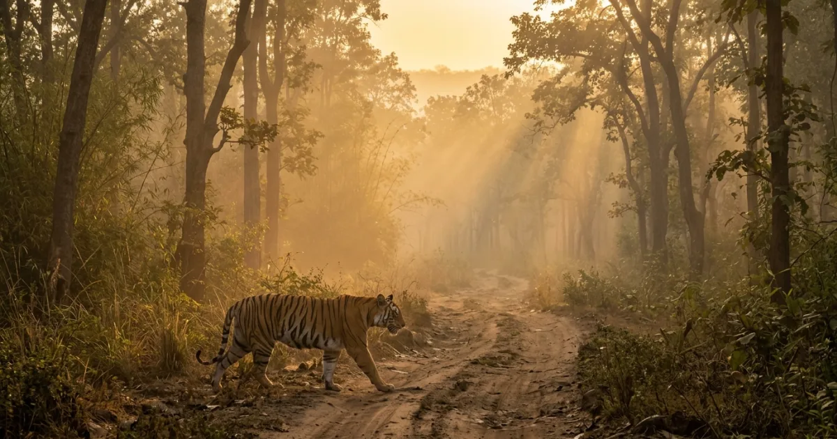 Bengal tiger walking along a misty forest path in Vidarbha tiger reserve