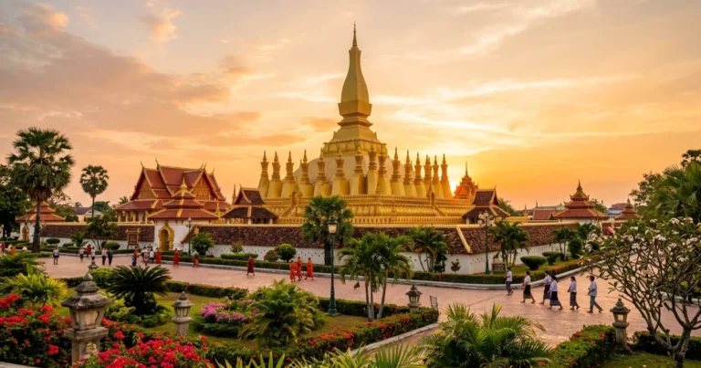 Vientiane 6 Golden stupa of Pha That Luang in Vientiane at sunset with tropical gardens