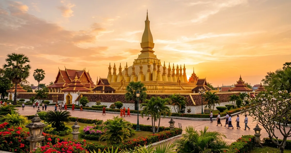 Golden stupa of Pha That Luang in Vientiane at sunset with tropical gardens