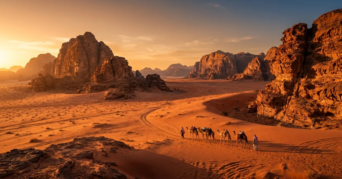 Sweeping panoramic landscape of red sandstone mountains and sand dunes in Wadi Rum Jordan at golden hour