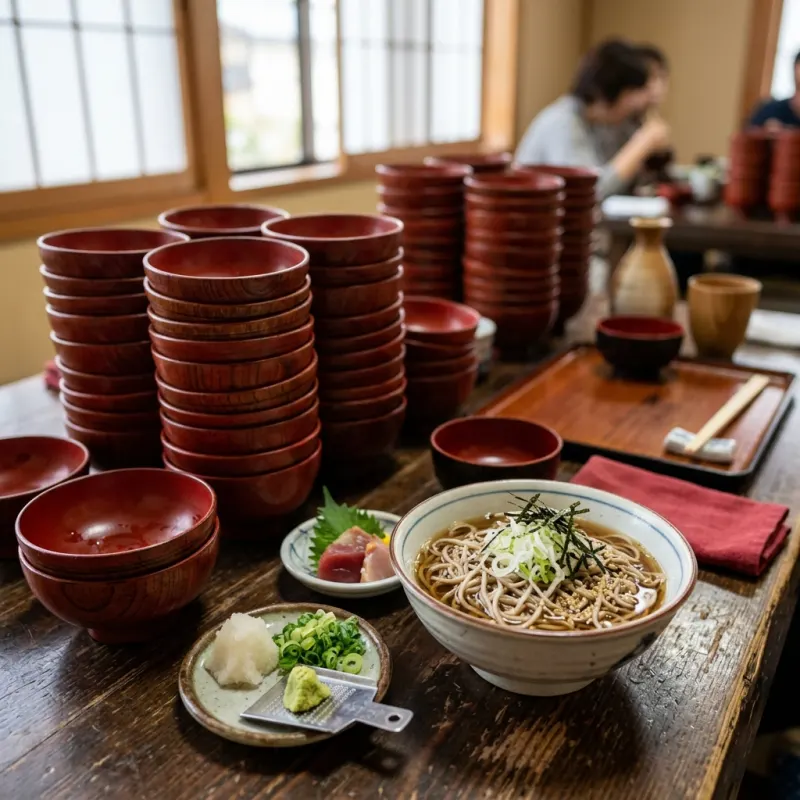 Authentic Morioka Wanko Soba noodle bowls and traditional Japanese condiments