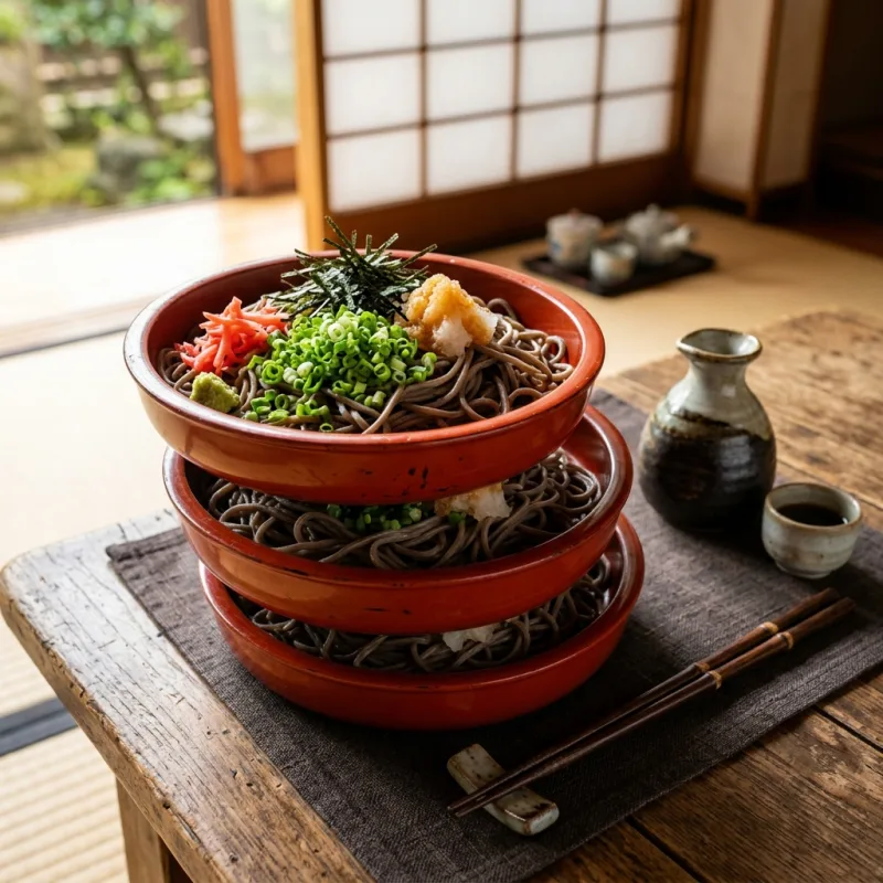 Three stacked red lacquer dishes filled with Izumo Warigo soba noodles and garnishes