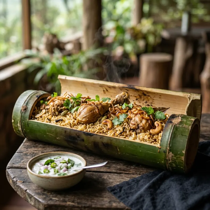 Wayanad Bamboo Biryani served fresh from a green bamboo stalk