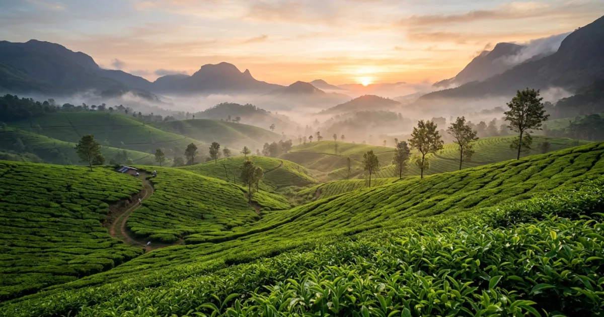 Panoramic view of misty green tea plantations in the Wayanad hills, Kerala