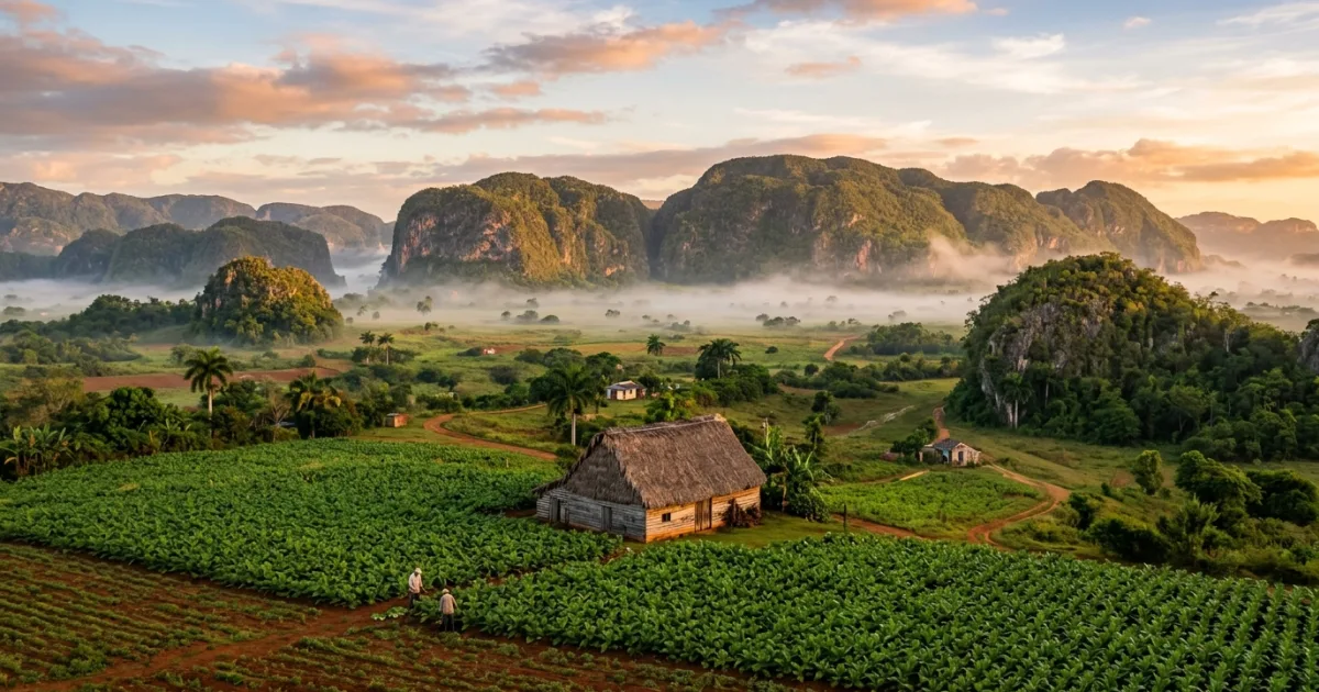 Panoramic view of the Viñales Valley with limestone mogotes and a traditional tobacco drying barn in Western Cuba.