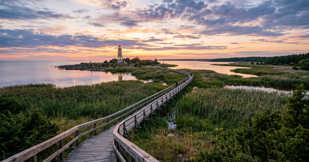 Panoramic sunset over the tranquil coastal wetlands and wooden boardwalks of Western Estonia