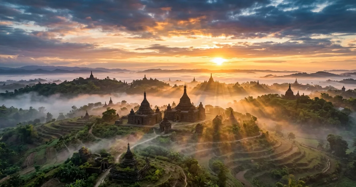 Ancient stone pagodas and temples of Mrauk U surrounded by mist in Western Myanmar