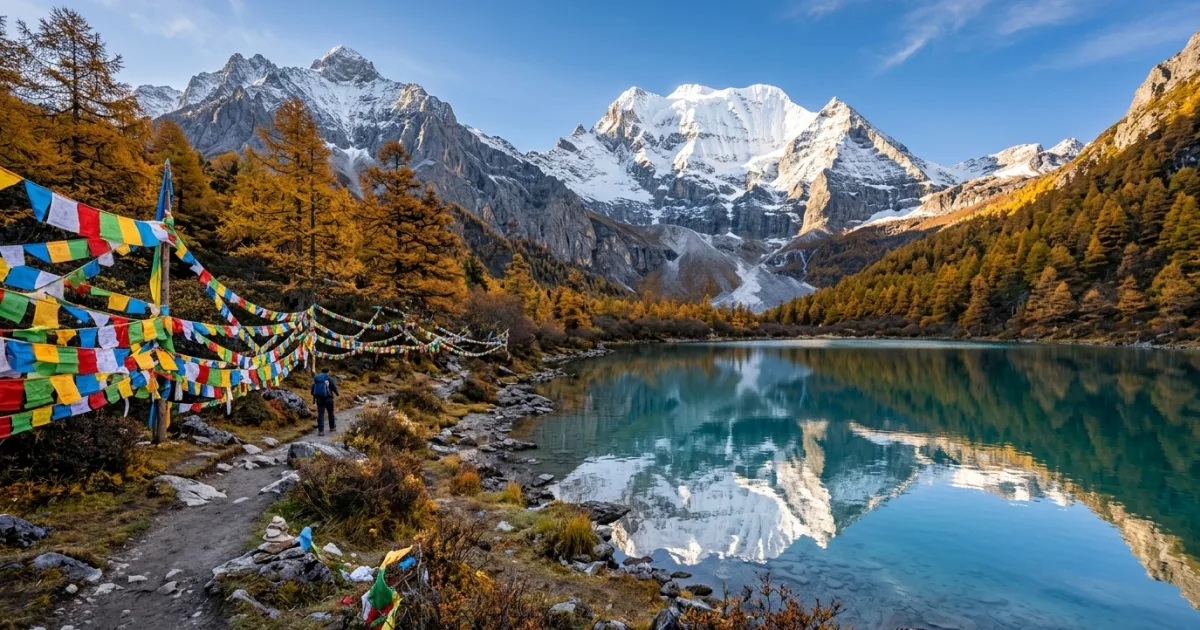 Turquoise glacial lake and snow-capped peaks framed by golden autumn larch trees in Western Sichuan