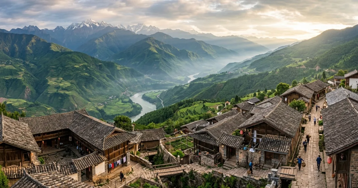 Panoramic view of mountain ranges and traditional village courtyards in Western Yunnan
