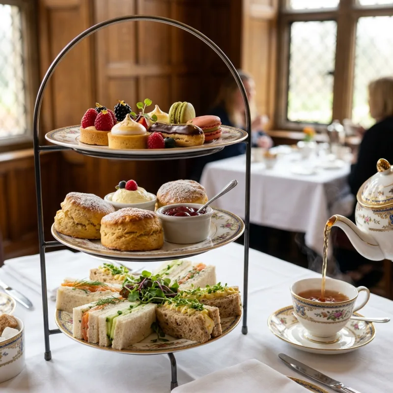 Traditional British afternoon tea tier with scones, clotted cream, and finger sandwiches