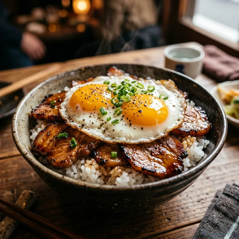 Bowl of Imabari Yakibuta Tamago Meshi topped with two sunny-side-up fried eggs and sliced roast pork