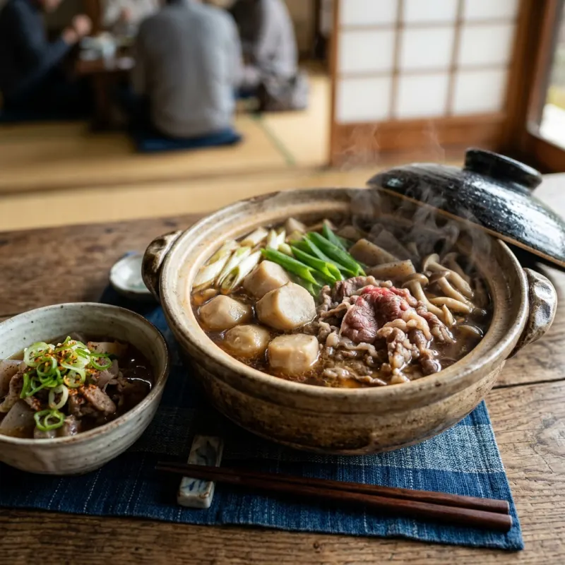 Steaming bowl of traditional Yamagata Imoni stew with taro and beef