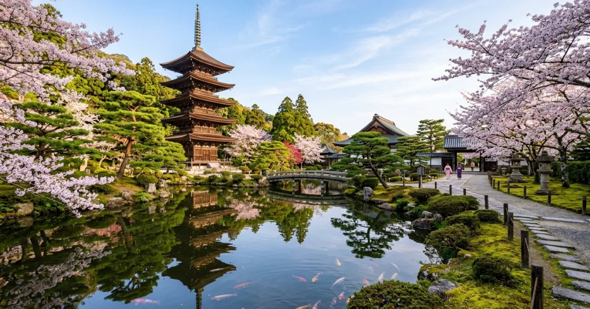 Travel Guides 9 Five-story pagoda of Ruriko-ji Temple with cherry blossoms and reflecting pond in Yamaguchi City