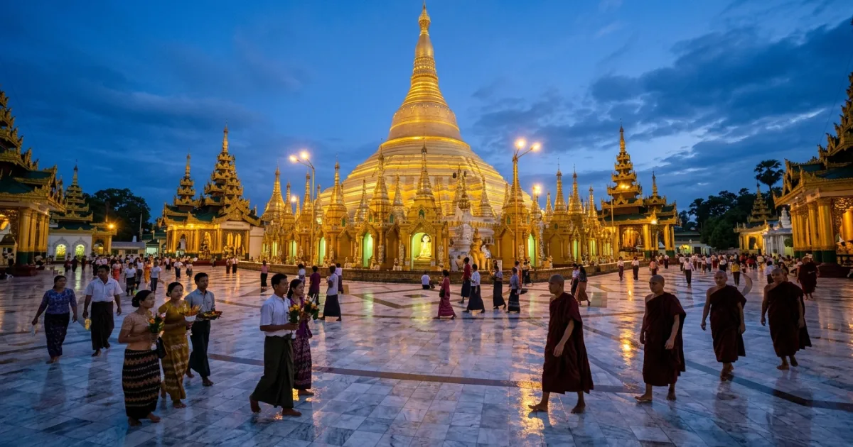 Panoramic twilight view of the golden Shwedagon Pagoda in Yangon Myanmar