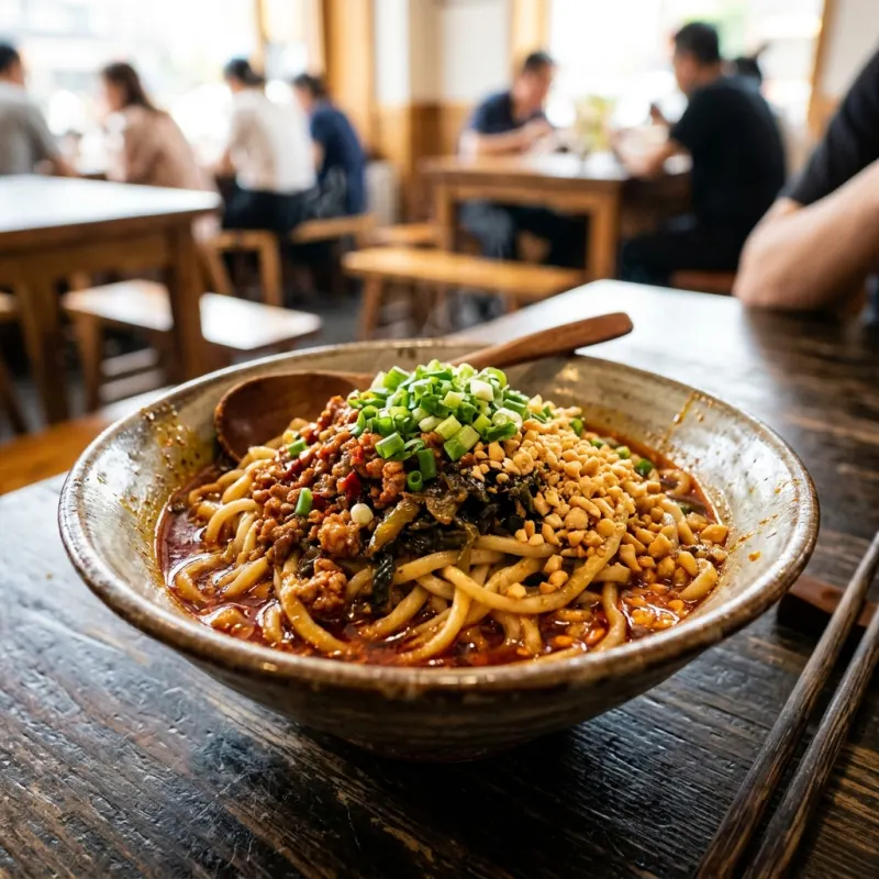 Authentic bowl of Yibin Ranmian burning noodles with crushed peanuts and chili oil
