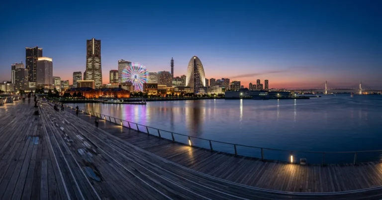 Yokohama 5 Panoramic view of Yokohama Minato Mirai illuminated waterfront at dusk