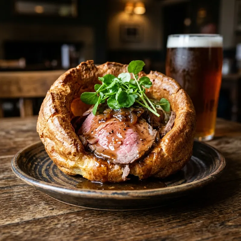 Golden Yorkshire pudding filled with roast beef and glossy onion gravy