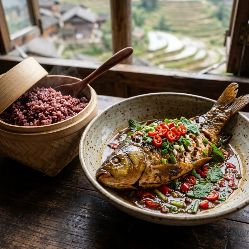 Yuanyang braised terrace carp served with local steamed red rice in a rustic ceramic dish