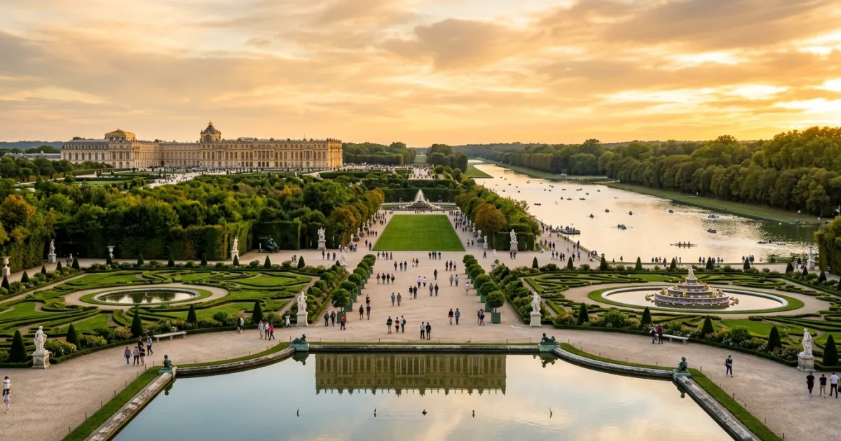Panoramic landscape of the Palace of Versailles gardens and Grand Canal in Yvelines France
