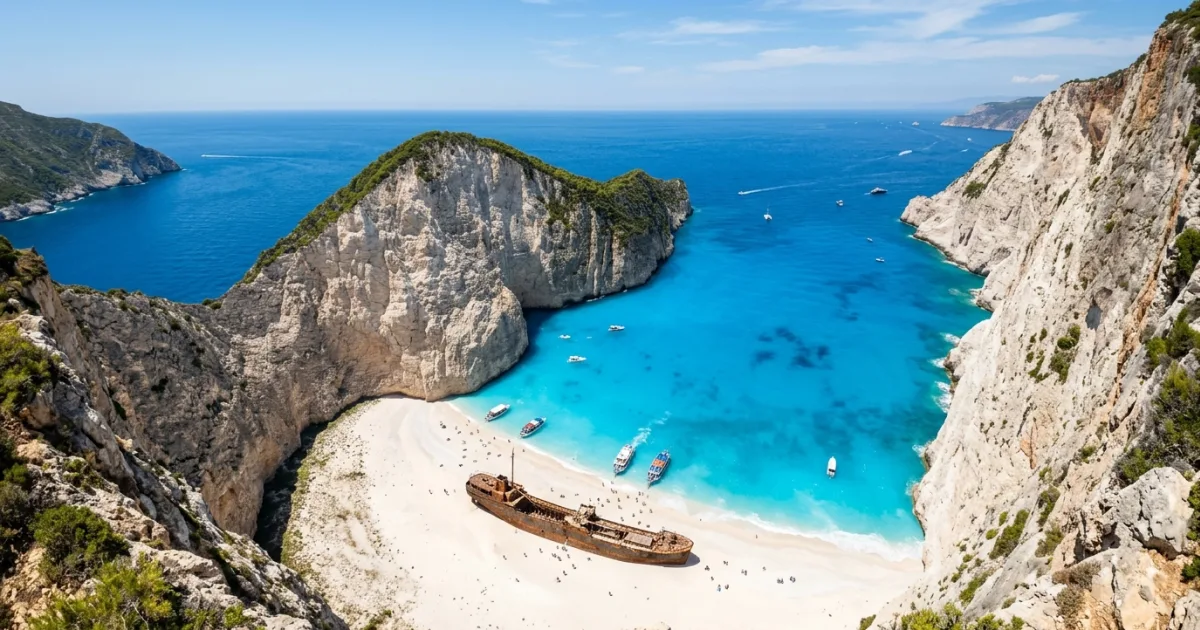 Panoramic view of Navagio Shipwreck Beach and turquoise water in Zakynthos Greece