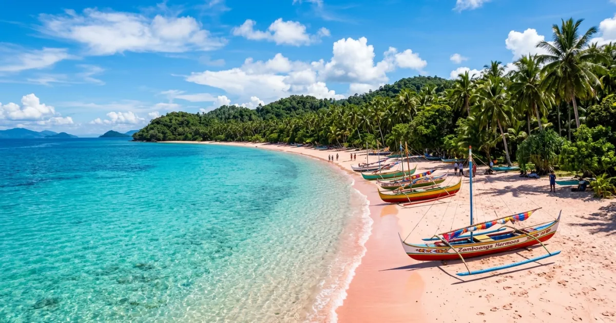Pink sand beach and colorful vinta boats on Santa Cruz Island in Zamboanga Peninsula