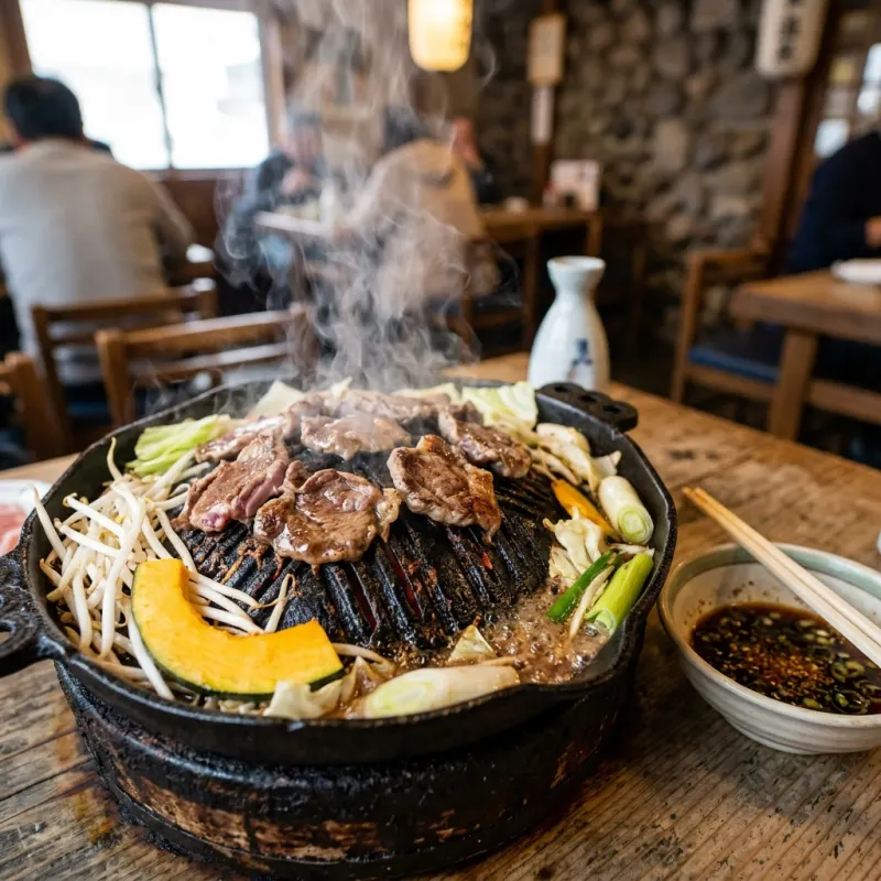 Zao Jingisukan grilled mutton dish sizzling on an iron skillet