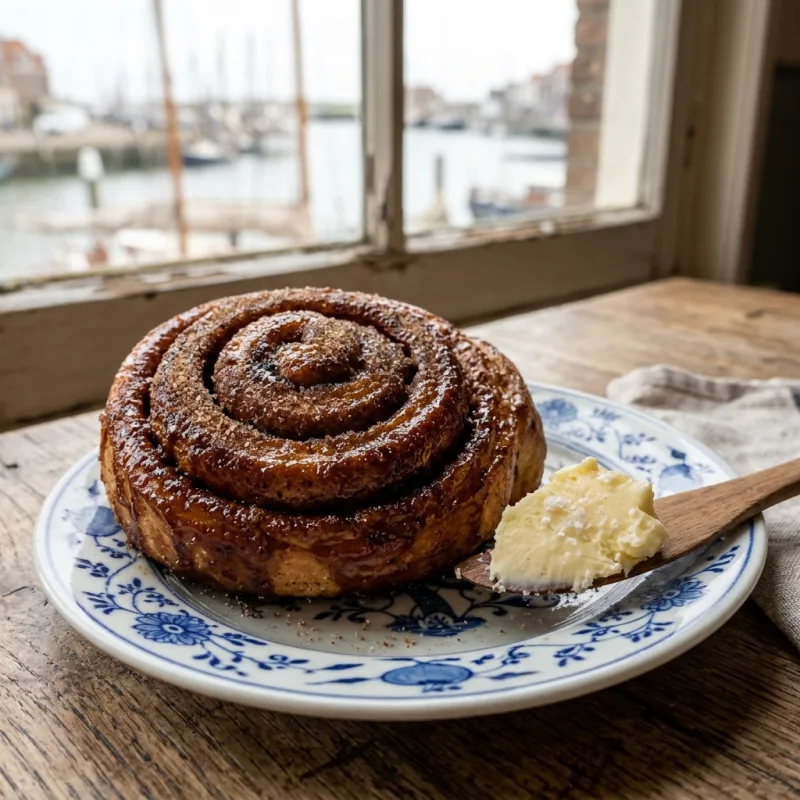 Freshly baked Zeeuwse bolus pastry glazed in brown sugar and cinnamon on a Delft plate.