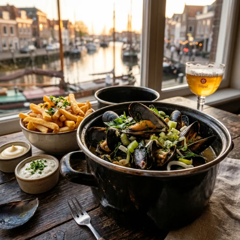 Steamed Zeeland blue mussels served in an enamel pot with frites on a wooden table in Veere