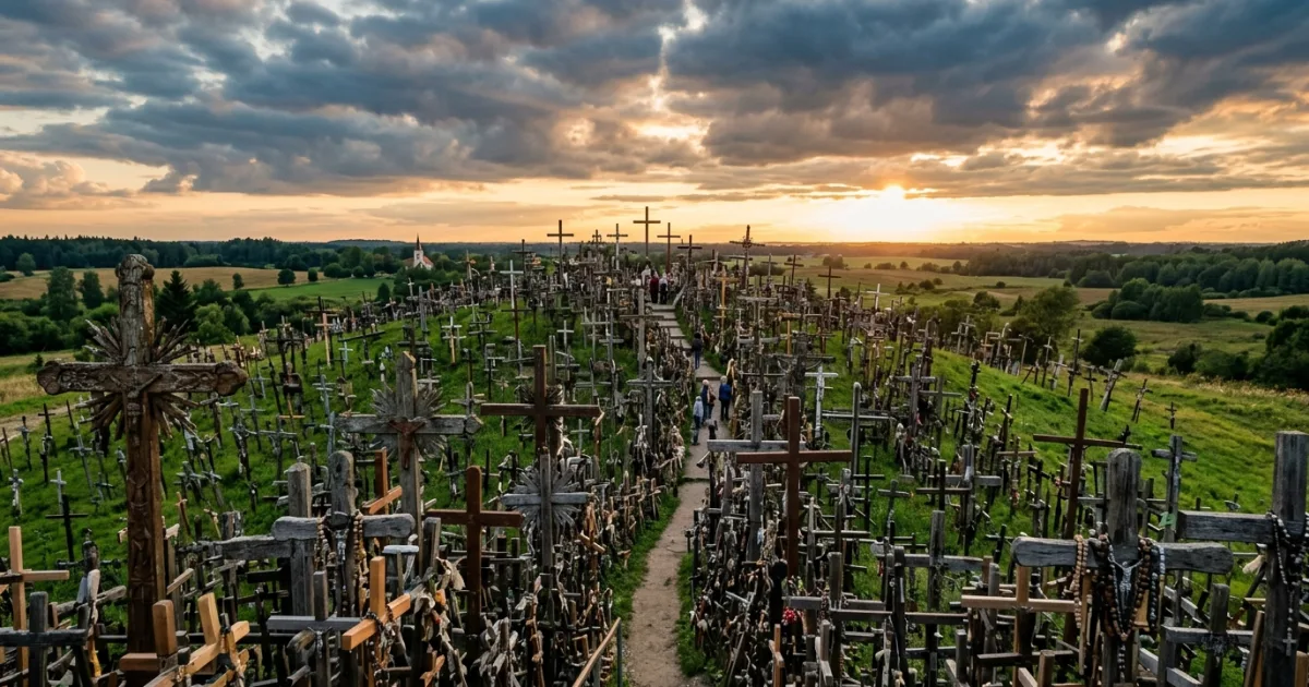 The Hill of Crosses pilgrimage site with thousands of wooden crosses in Northern Lithuania under a sunset sky