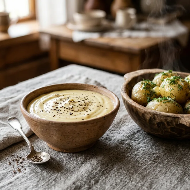 Authentic Lithuanian Kastinys spread served with hot boiled potatoes and fresh dill in rustic clay dishes