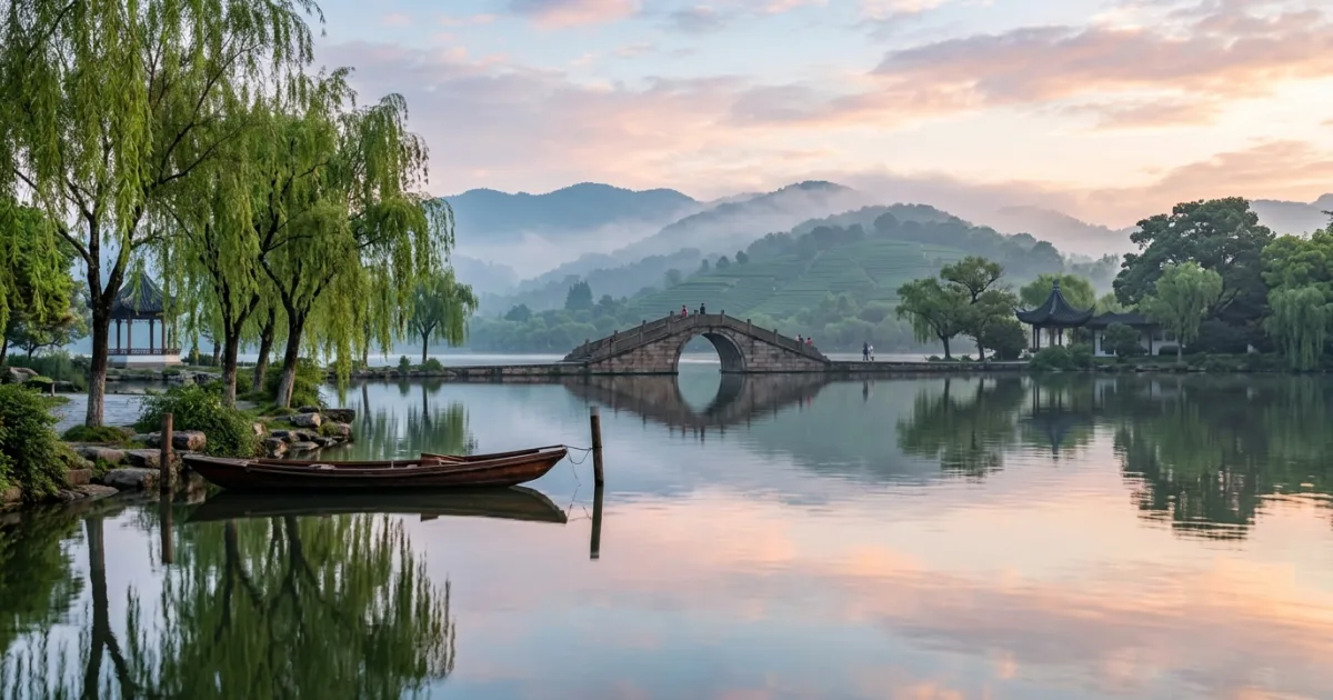 Travel Guides 4 Scenic view of West Lake in Hangzhou Zhejiang with willows and arched stone bridge at dawn